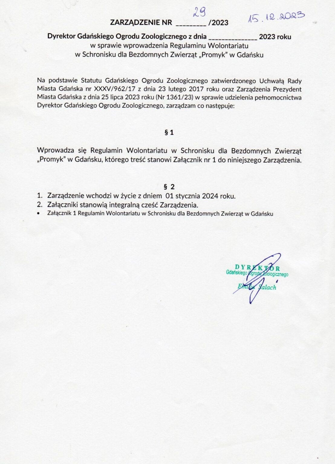 ZARZĄDZENIE W SPRAWIE REGULAMINU WOLONTARIATU – Schronisko dla