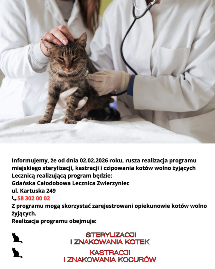 Informujemy, że od dnia 29.01.2026 roku, następuje zmiana lecznicy weterynaryjnej obsługującej Schronisko dla Bezdomnych Zwierząt „Promyk” w Gdańsku. Lecznicą współpracującą ze schroniskiem będzie